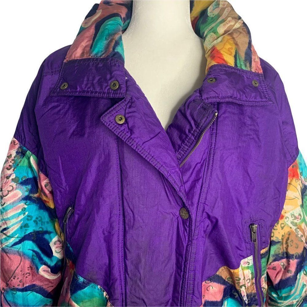 Vintage 80s Puffer Ski Jacket L Purple Bright Radical Coat - Picture 2 of 7